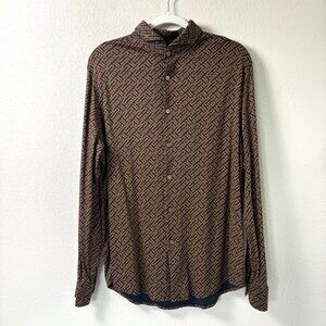Murano Liquid Luxury Slim Fit Button Down Shirt Mens XL Brown Navy Geometric